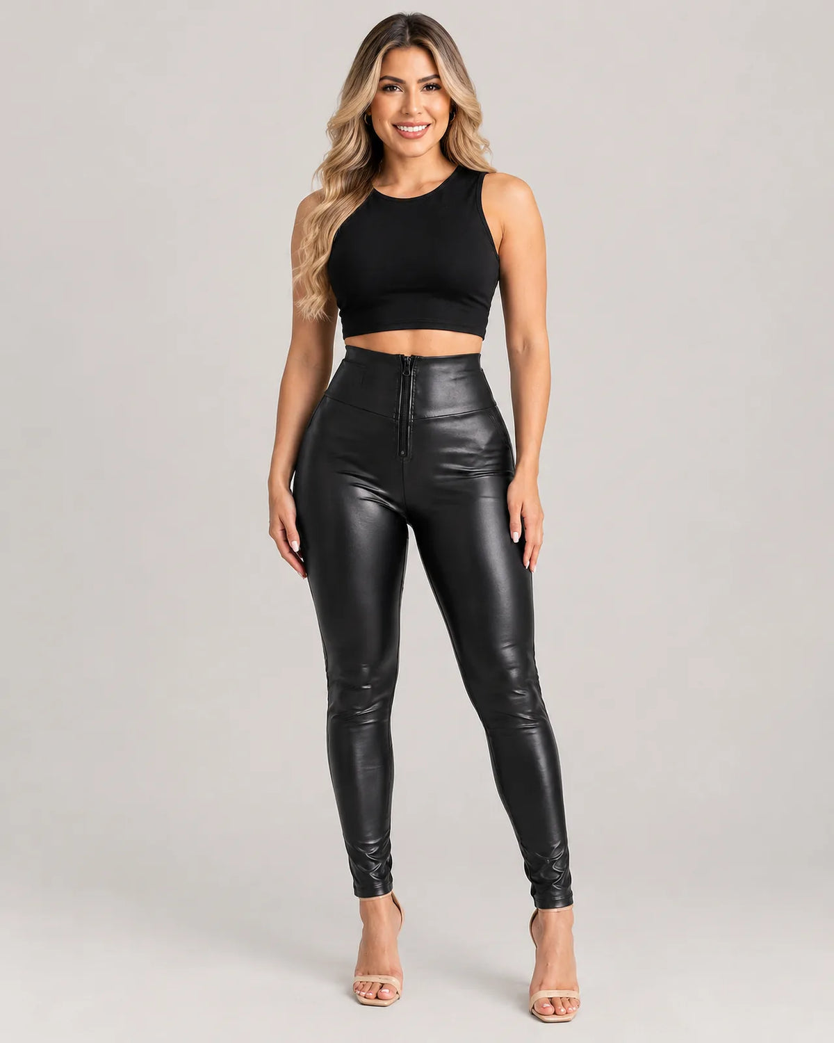 Leggins Efecto Cuero con Cremallera en la Pretina - Negro